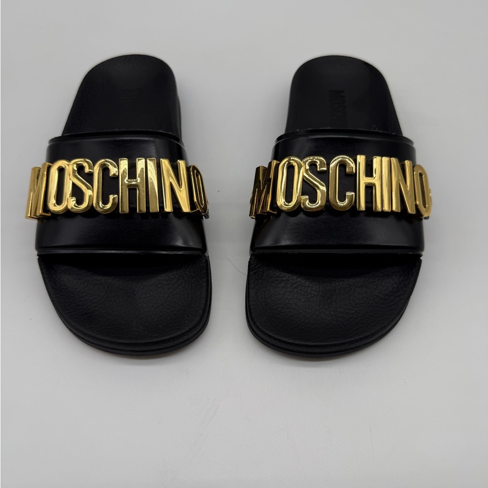 Moschino Black Slides with Gold Accents